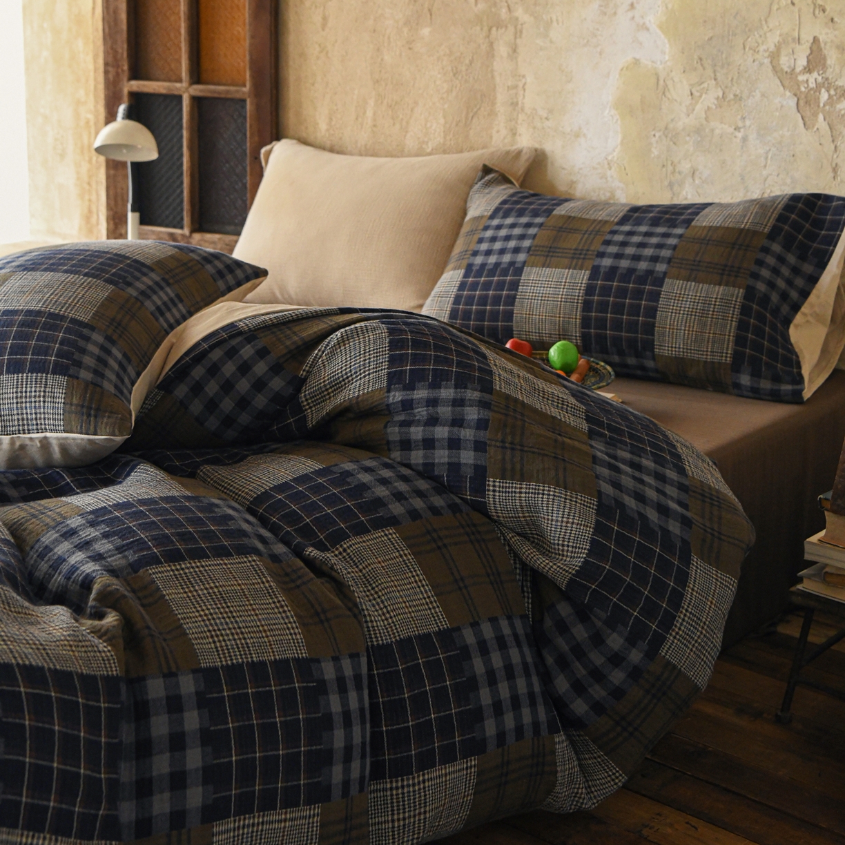 91家纺网 家纺一手货源 找家纺 山舍家居 2026新款全棉纯棉色织纱布老钱风四件套-威尔士格 威尔士格-蓝