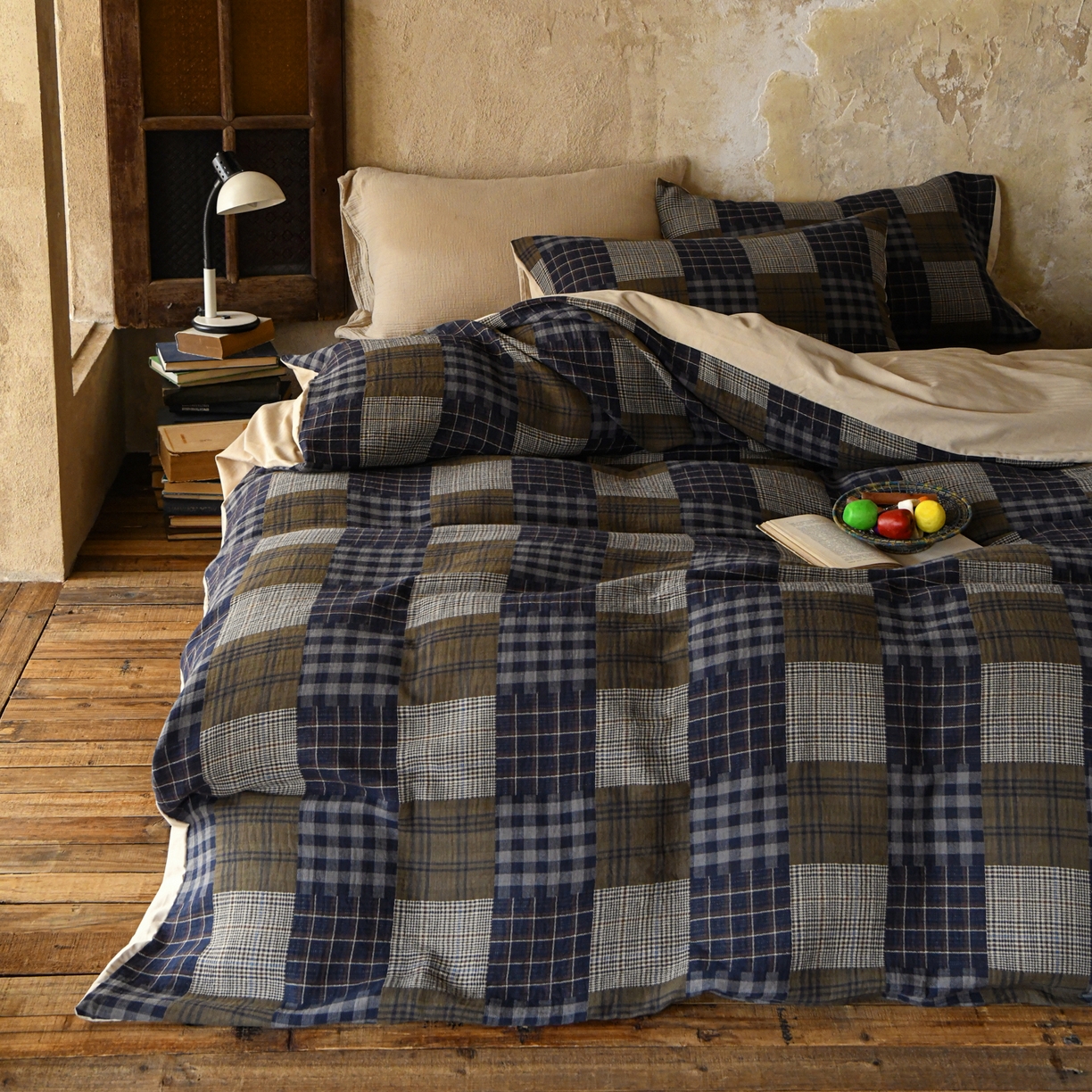 91家纺网 家纺一手货源 找家纺 山舍家居 2026新款全棉纯棉色织纱布老钱风四件套-威尔士格 威尔士格-蓝