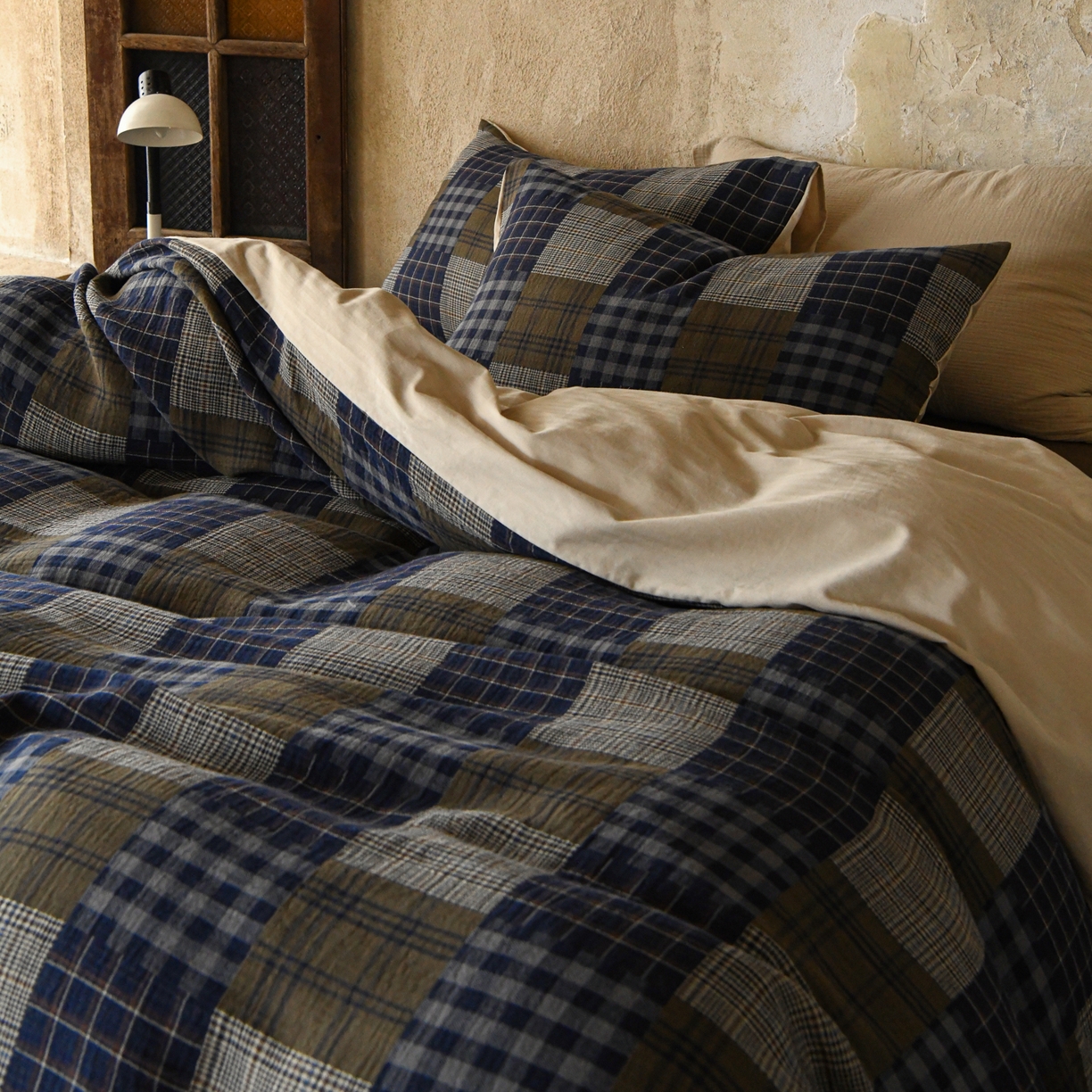 91家纺网 家纺一手货源 找家纺 山舍家居 2026新款全棉纯棉色织纱布老钱风四件套-威尔士格 威尔士格-蓝