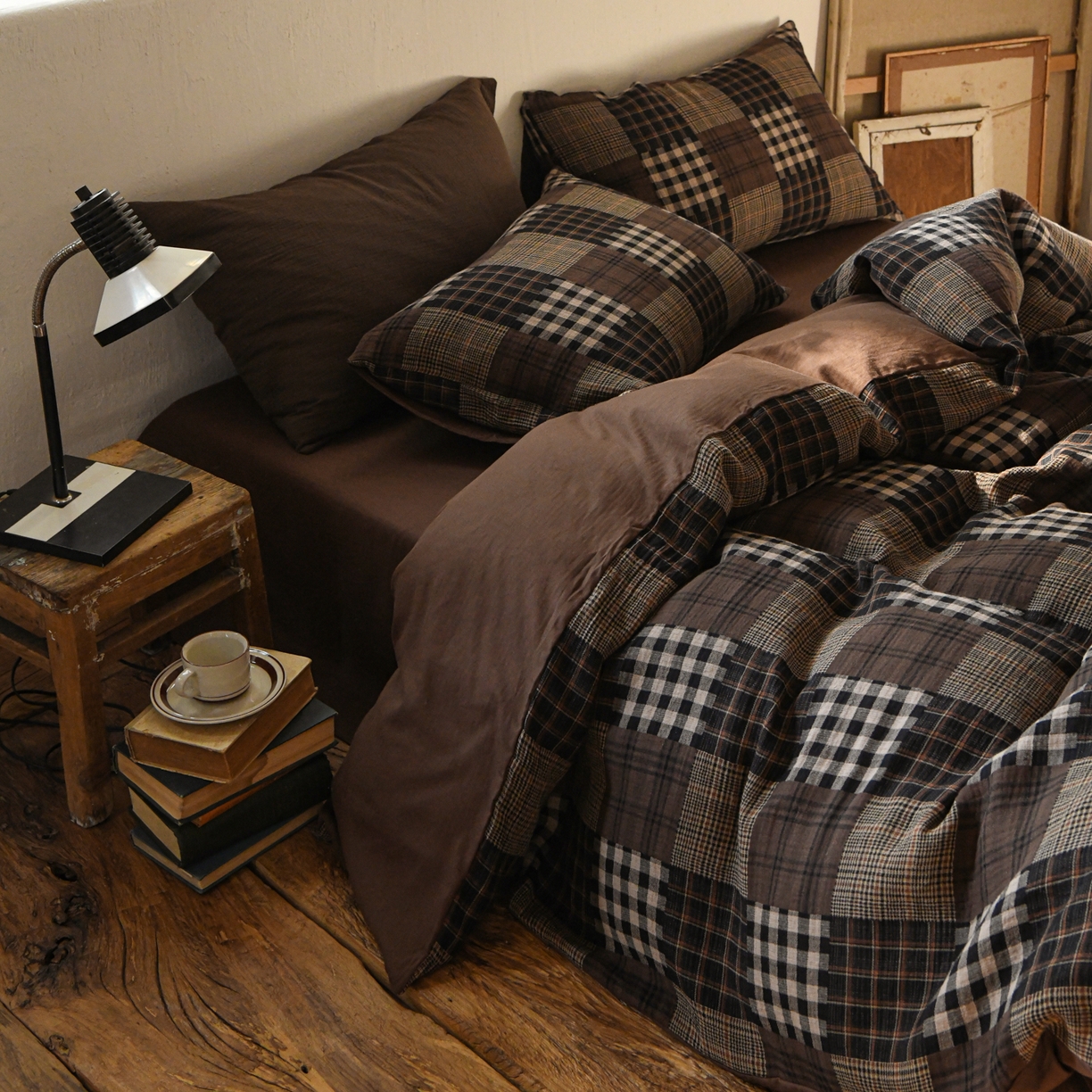 山舍家居 2026新款全棉纯棉色织纱布老钱风四件套-威尔士格 威尔士格-咖