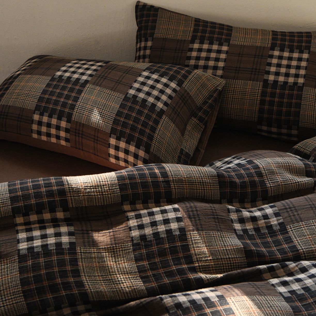 91家纺网 家纺一手货源 找家纺 山舍家居 2026新款全棉纯棉色织纱布老钱风四件套-威尔士格 威尔士格-咖