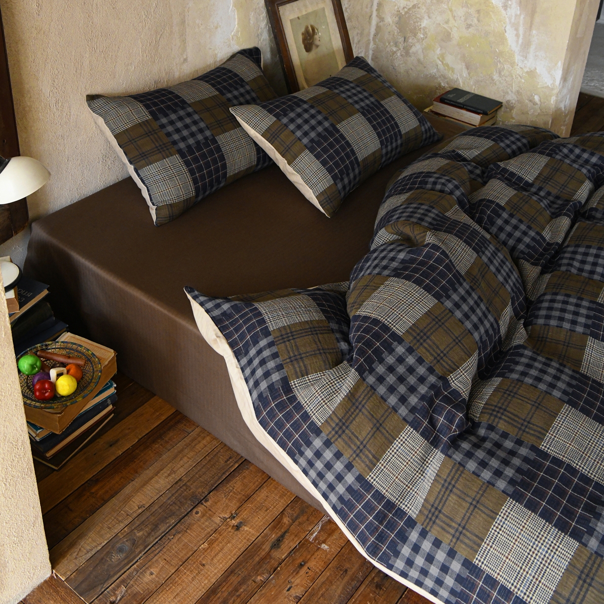 山舍家居 2026新款全棉纯棉色织纱布老钱风四件套-威尔士格 威尔士格-蓝