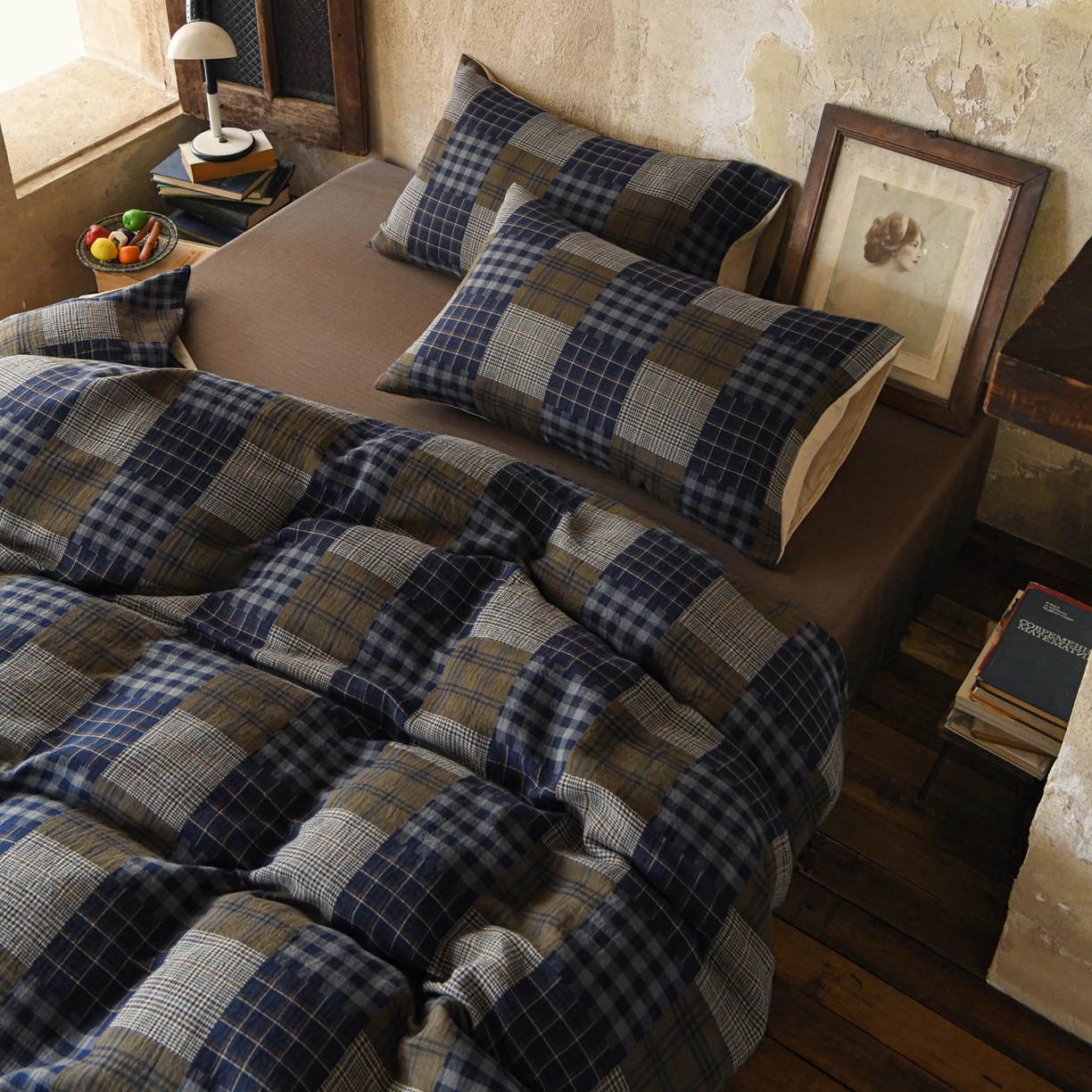 91家纺网 家纺一手货源 找家纺 山舍家居 2026新款全棉纯棉色织纱布老钱风四件套-威尔士格 威尔士格-蓝