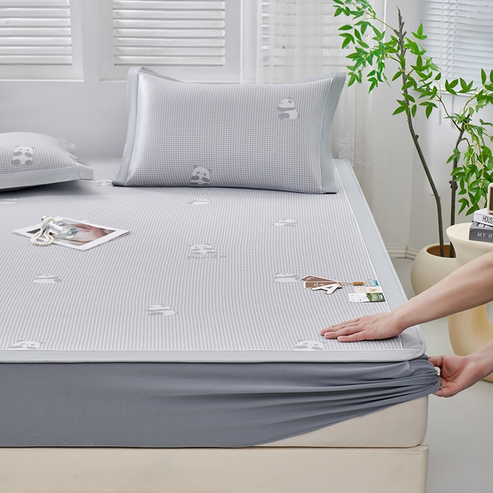 91家纺网 家纺一手货源 找家纺 （总）小牛席业 2026新款熊猫格纹提花冰丝席席子凉席-（床笠款）凉席藤席冰藤席冰丝席凉感空调席