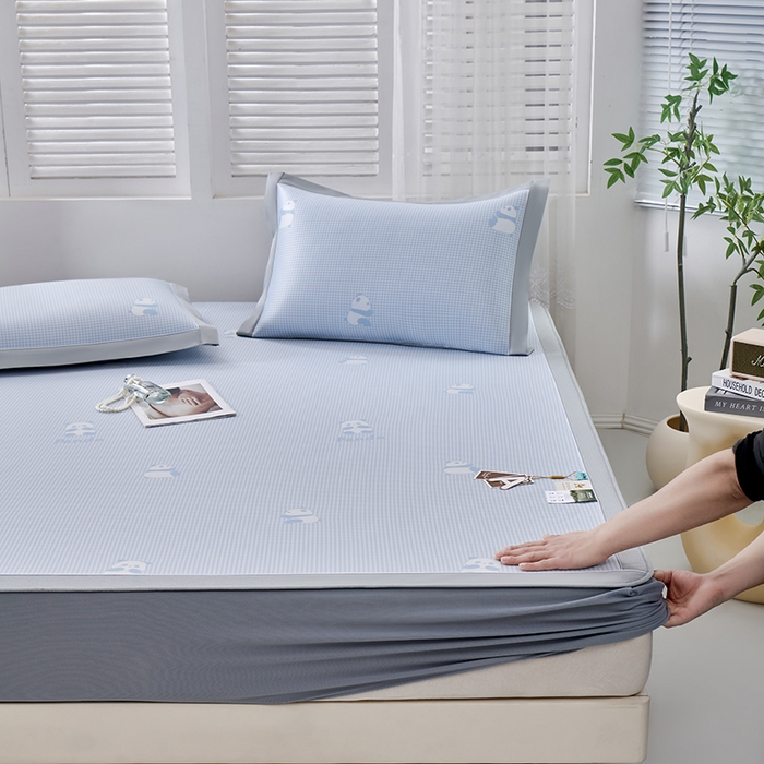 91家纺网 家纺一手货源 找家纺 （总）小牛席业 2026新款熊猫格纹提花冰丝席席子凉席-（床笠款）凉席藤席冰藤席冰丝席凉感空调席