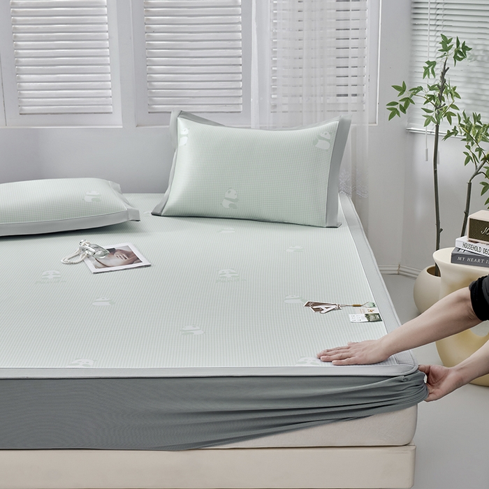 91家纺网 家纺一手货源 找家纺 （总）小牛席业 2026新款熊猫格纹提花冰丝席席子凉席-（床笠款）凉席藤席冰藤席冰丝席凉感空调席