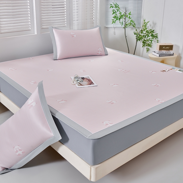 91家纺网 家纺一手货源 找家纺 小牛席业 2026新款熊猫格纹提花冰丝席席子凉席-床笠款 粉色