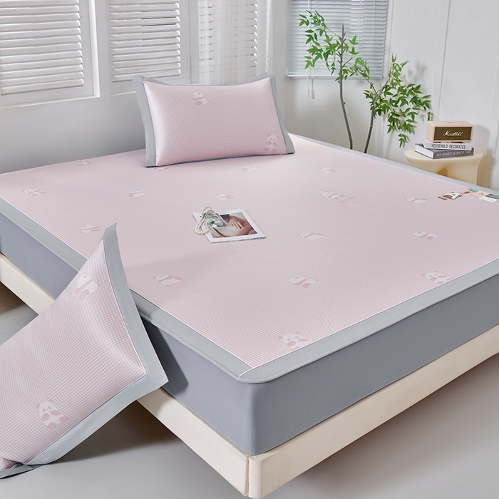 91家纺网 家纺一手货源 找家纺 小牛席业 2026新款熊猫格纹提花冰丝席席子凉席-床笠款 粉色