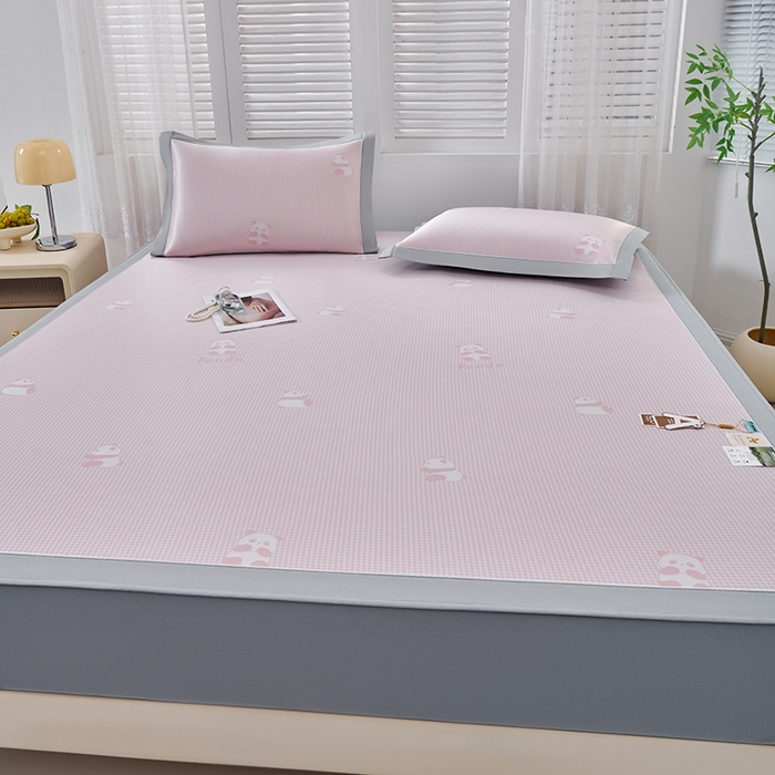 91家纺网 家纺一手货源 找家纺 小牛席业 2026新款熊猫格纹提花冰丝席席子凉席-床笠款 粉色