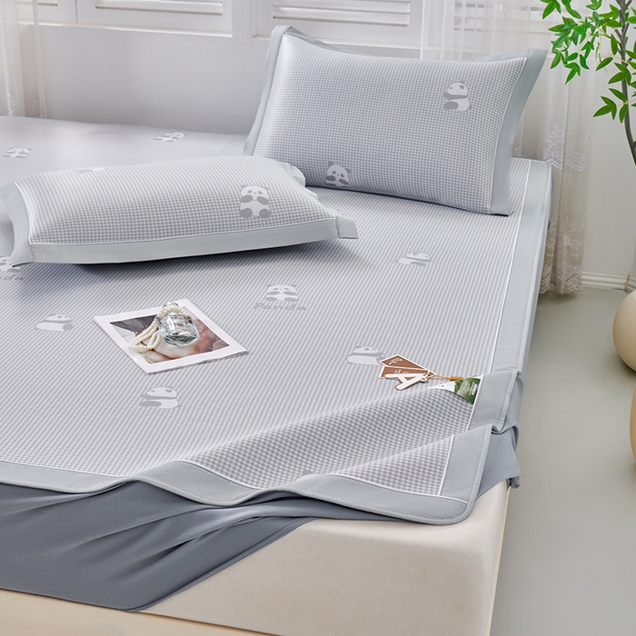 91家纺网 家纺一手货源 找家纺 小牛席业 2026新款熊猫格纹提花冰丝席席子凉席-床笠款 灰色