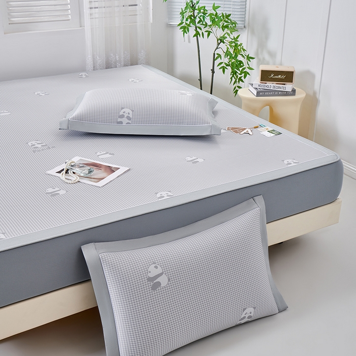 91家纺网 家纺一手货源 找家纺 小牛席业 2026新款熊猫格纹提花冰丝席席子凉席-床笠款 灰色