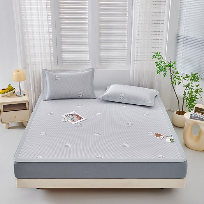 91家纺网 家纺一手货源 找家纺 小牛席业 2026新款熊猫格纹提花冰丝席席子凉席-床笠款 灰色