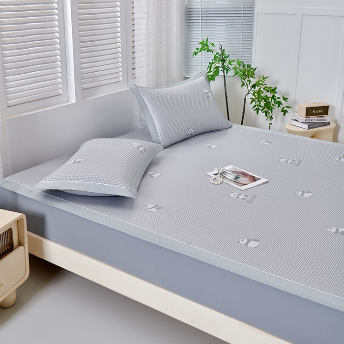 91家纺网 家纺一手货源 找家纺 小牛席业 2026新款熊猫格纹提花冰丝席席子凉席-床笠款 灰色