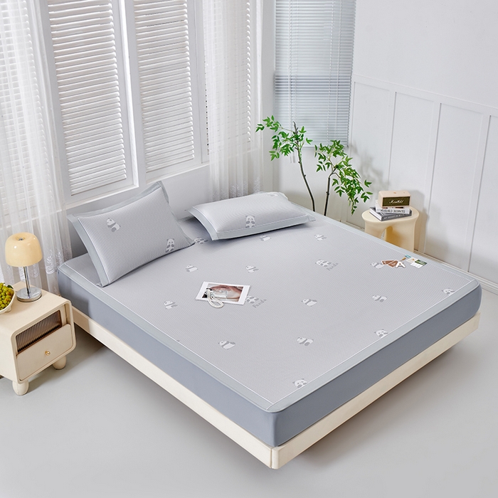 91家纺网 家纺一手货源 找家纺 小牛席业 2026新款熊猫格纹提花冰丝席席子凉席-床笠款 灰色