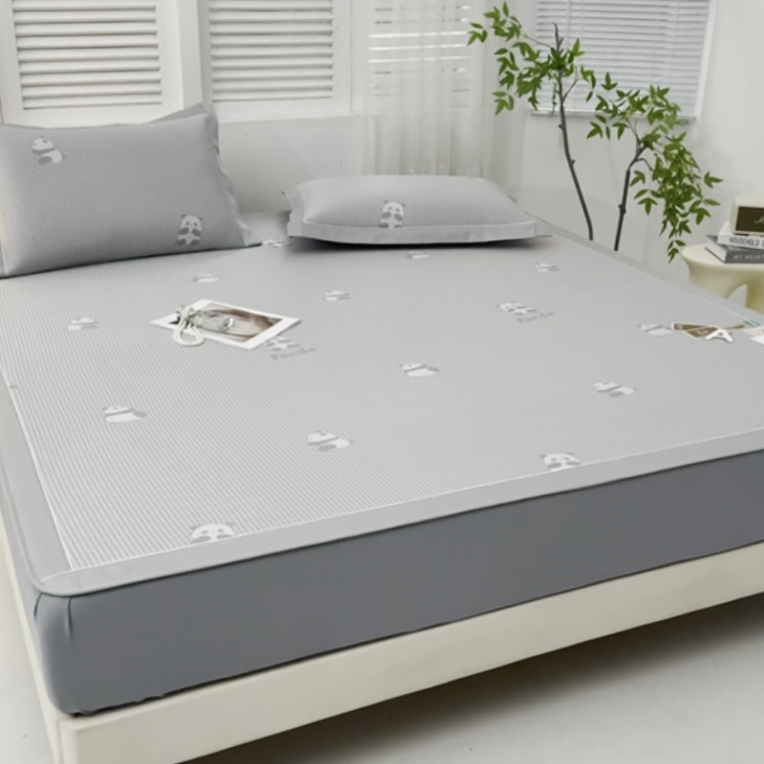 91家纺网 家纺一手货源 找家纺 小牛席业 2026新款熊猫格纹提花冰丝席席子凉席-床笠款 灰色