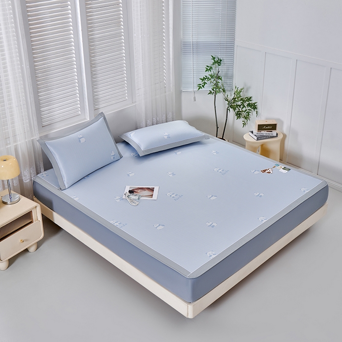 91家纺网 家纺一手货源 找家纺 小牛席业 2026新款熊猫格纹提花冰丝席席子凉席-床笠款 蓝色