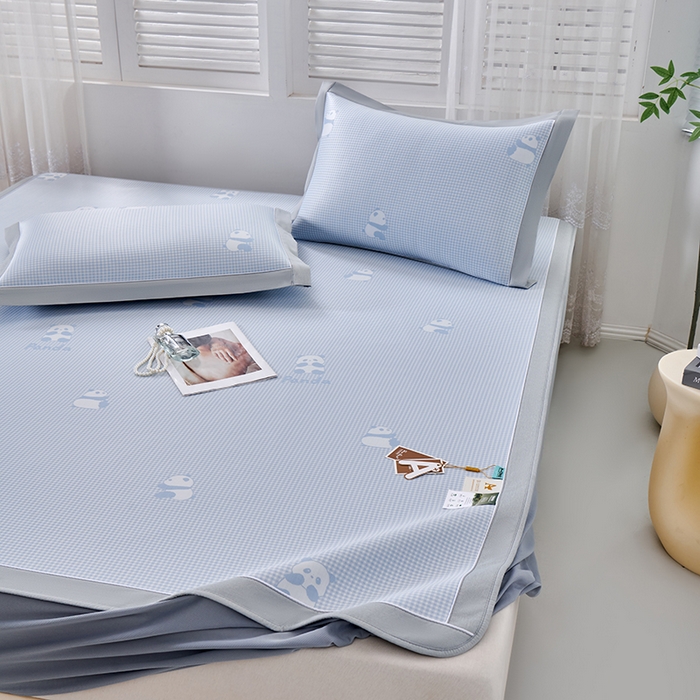 91家纺网 家纺一手货源 找家纺 小牛席业 2026新款熊猫格纹提花冰丝席席子凉席-床笠款 蓝色