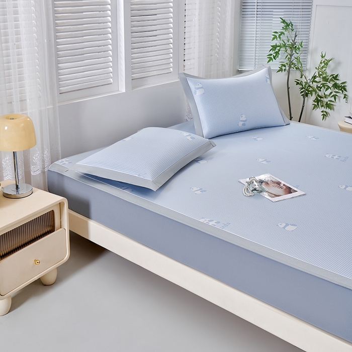 91家纺网 家纺一手货源 找家纺 小牛席业 2026新款熊猫格纹提花冰丝席席子凉席-床笠款 蓝色