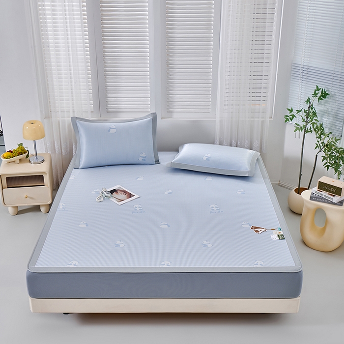 91家纺网 家纺一手货源 找家纺 小牛席业 2026新款熊猫格纹提花冰丝席席子凉席-床笠款 蓝色