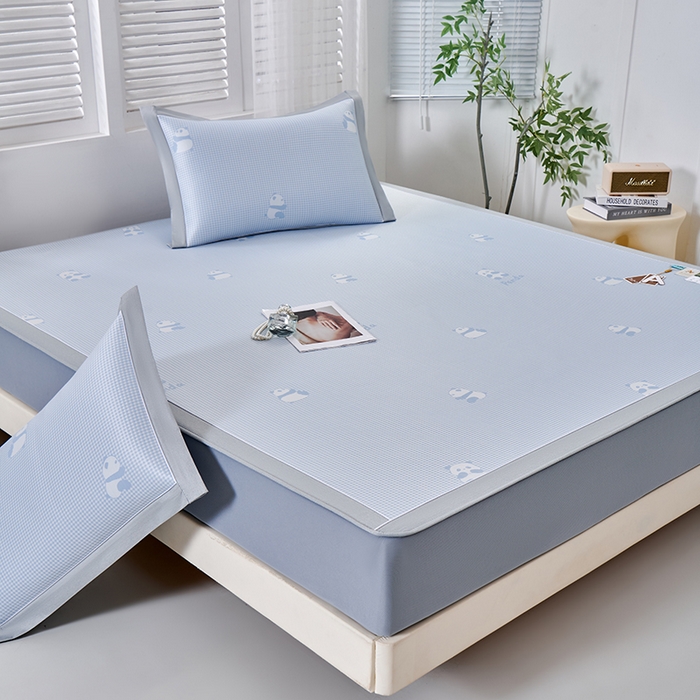 91家纺网 家纺一手货源 找家纺 小牛席业 2026新款熊猫格纹提花冰丝席席子凉席-床笠款 蓝色