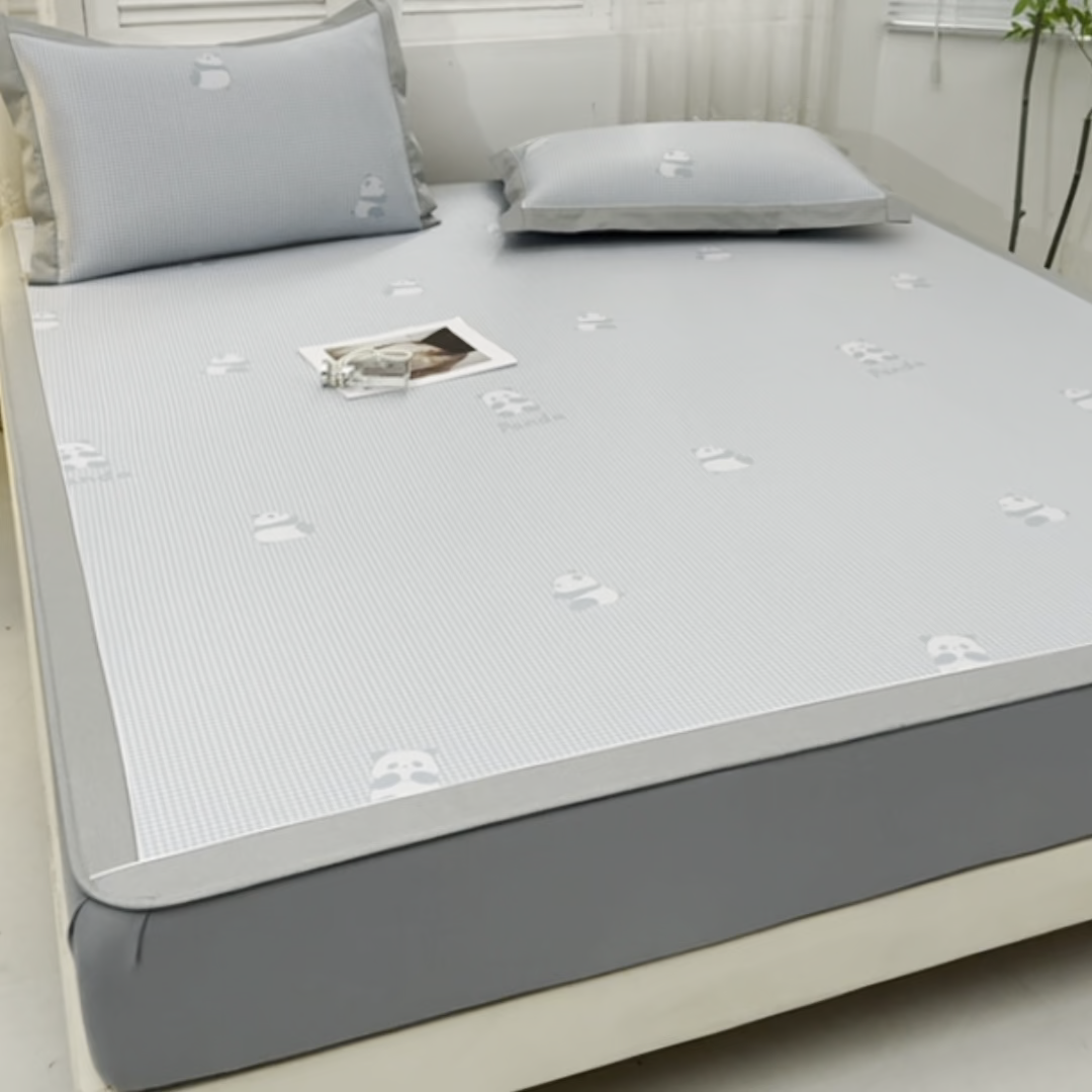 91家纺网 家纺一手货源 找家纺 小牛席业 2026新款熊猫格纹提花冰丝席席子凉席-床笠款 蓝色