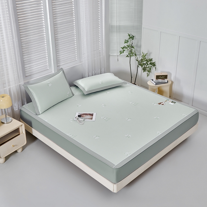 91家纺网 家纺一手货源 找家纺 小牛席业 2026新款熊猫格纹提花冰丝席席子凉席-床笠款 抹茶