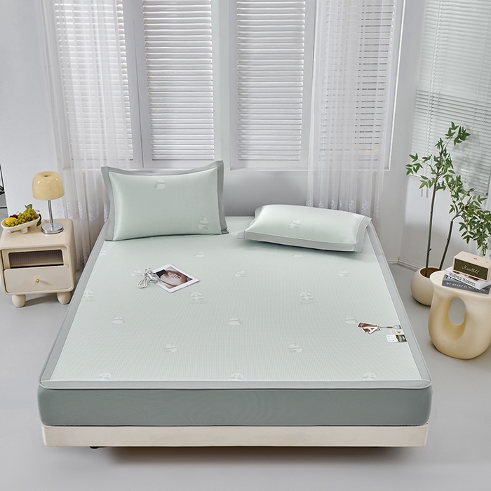 91家纺网 家纺一手货源 找家纺 小牛席业 2026新款熊猫格纹提花冰丝席席子凉席-床笠款 抹茶