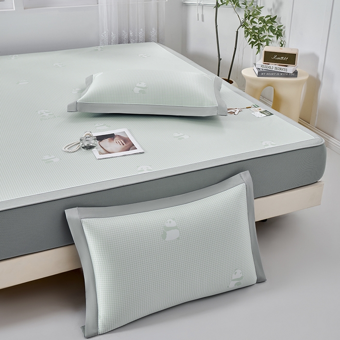 91家纺网 家纺一手货源 找家纺 小牛席业 2026新款熊猫格纹提花冰丝席席子凉席-床笠款 抹茶