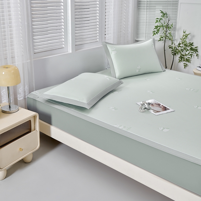 91家纺网 家纺一手货源 找家纺 小牛席业 2026新款熊猫格纹提花冰丝席席子凉席-床笠款 抹茶