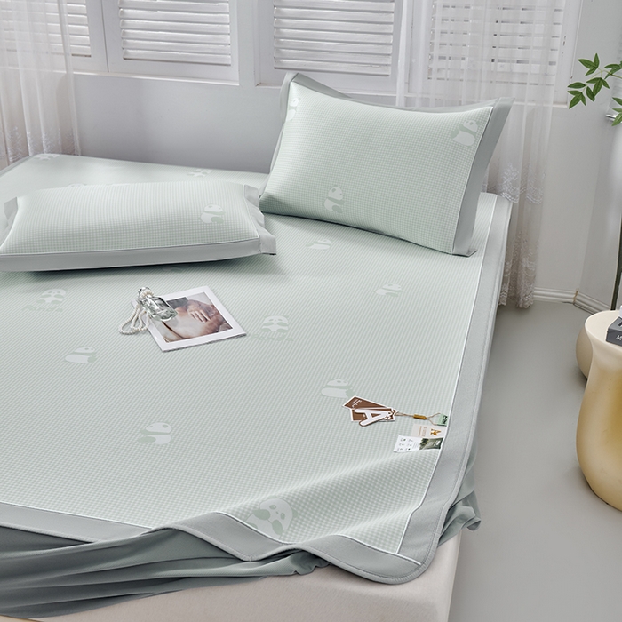 91家纺网 家纺一手货源 找家纺 小牛席业 2026新款熊猫格纹提花冰丝席席子凉席-床笠款 抹茶