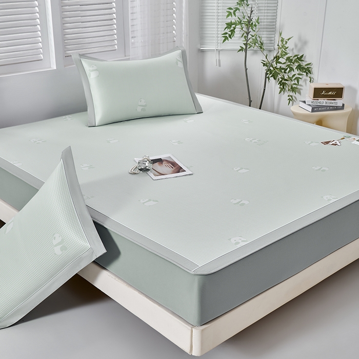 91家纺网 家纺一手货源 找家纺 小牛席业 2026新款熊猫格纹提花冰丝席席子凉席-床笠款 抹茶