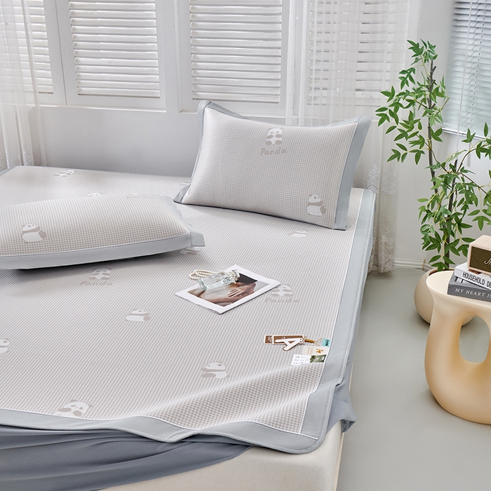 91家纺网 家纺一手货源 找家纺 小牛席业 2026新款熊猫格纹提花冰丝席席子凉席-床笠款 香槟