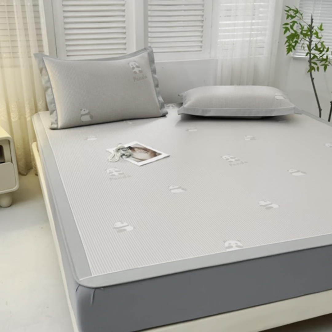 91家纺网 家纺一手货源 找家纺 小牛席业 2026新款熊猫格纹提花冰丝席席子凉席-床笠款 香槟