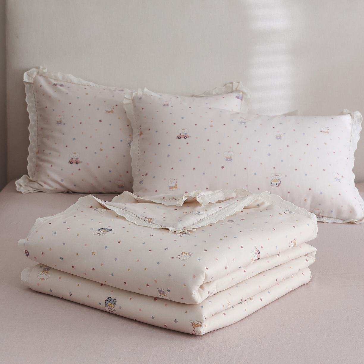 万盛家纺 2026新款全棉双层纱花边印花夏被空调被夏凉被 俏皮小象