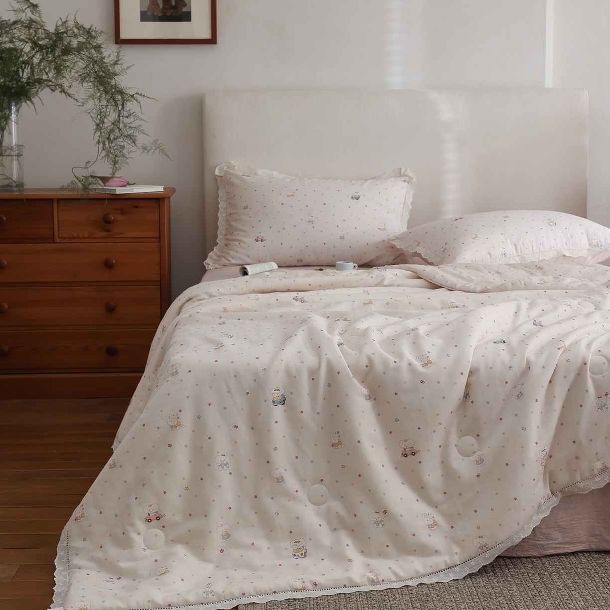 91家纺网 家纺一手货源 找家纺 万盛家纺 2026新款全棉双层纱花边印花夏被空调被夏凉被 俏皮小象