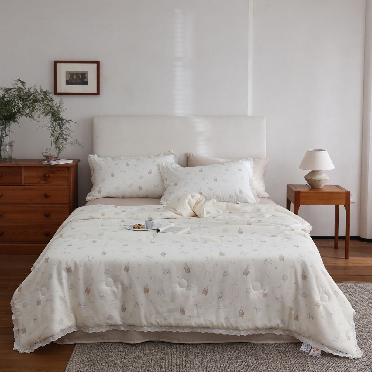 91家纺网 家纺一手货源 找家纺 万盛家纺 2026新款全棉双层纱花边印花夏被空调被夏凉被 小吉象