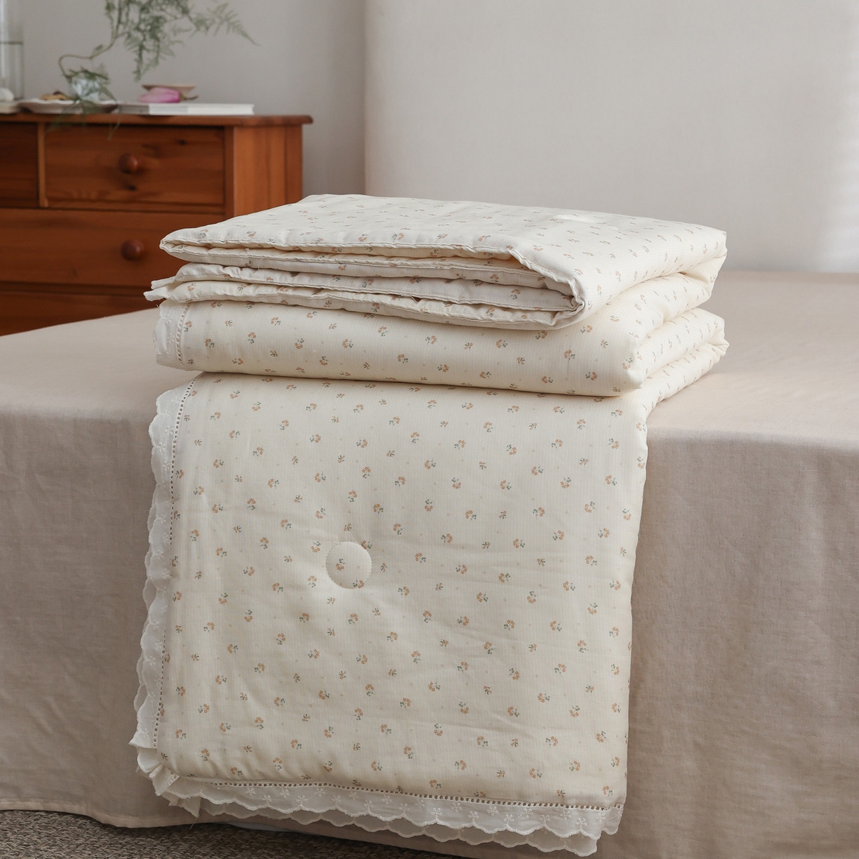 91家纺网 家纺一手货源 找家纺 万盛家纺 2026新款全棉双层纱花边印花夏被空调被夏凉被 浅陌