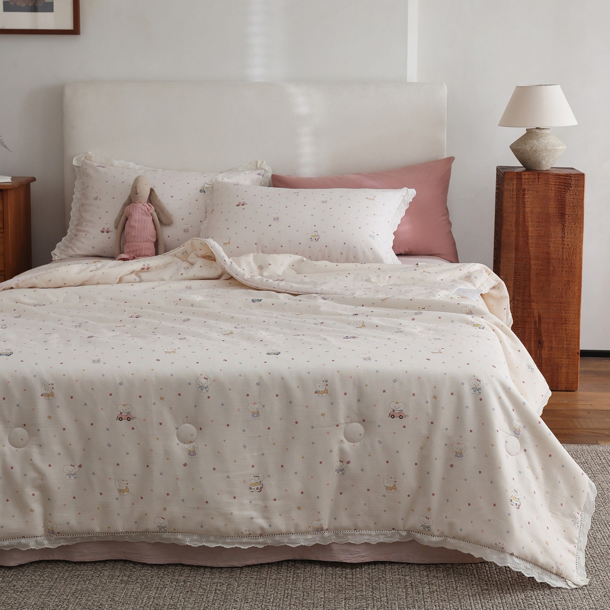 91家纺网 家纺一手货源 找家纺 万盛家纺 2026新款全棉双层纱花边印花夏被空调被夏凉被 俏皮小象