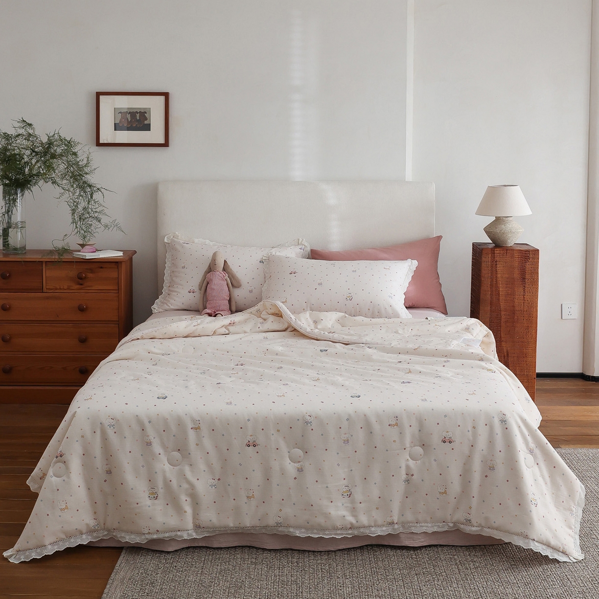 91家纺网 家纺一手货源 找家纺 万盛家纺 2026新款全棉双层纱花边印花夏被空调被夏凉被 俏皮小象