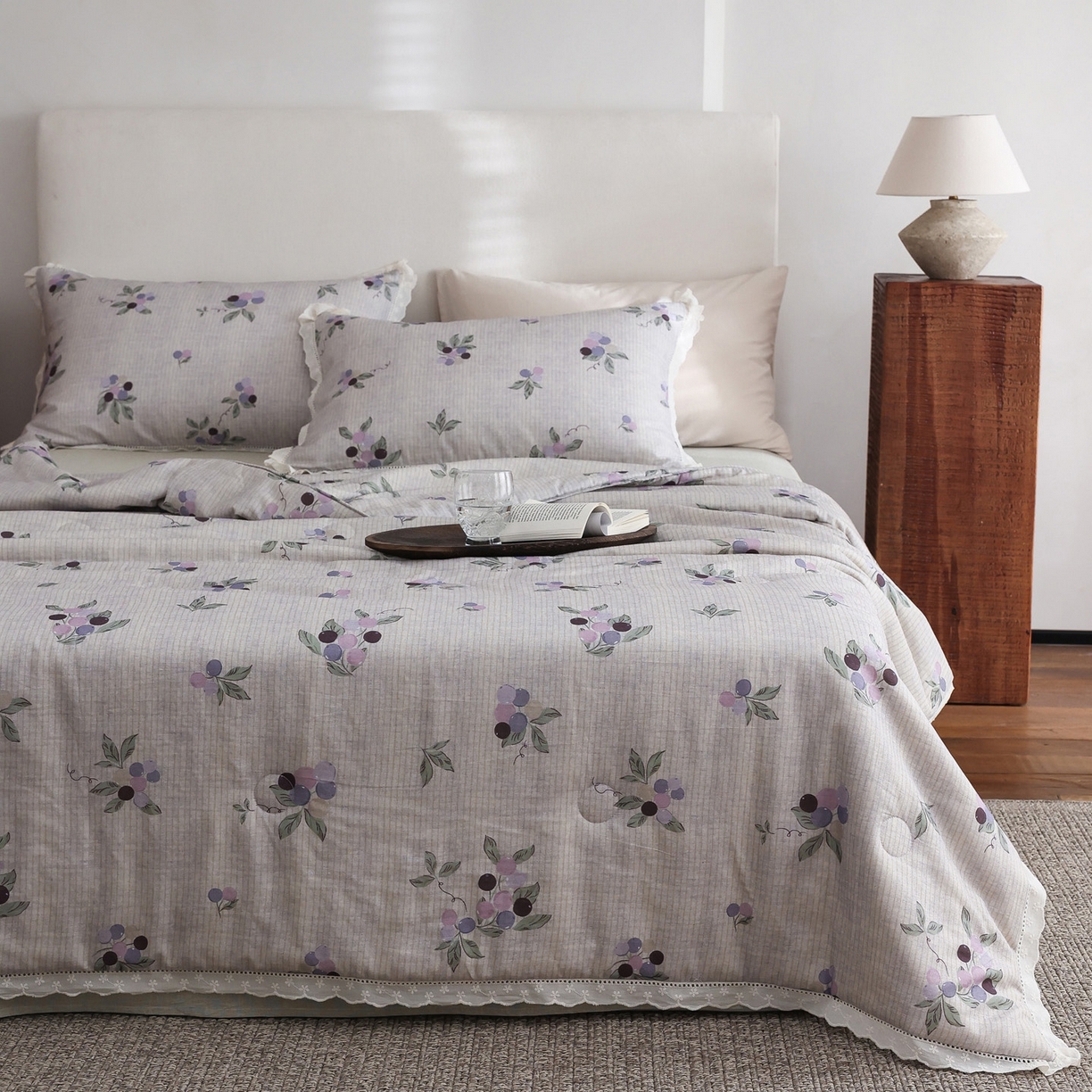 91家纺网 家纺一手货源 找家纺 万盛家纺 2026新款全棉双层纱花边印花夏被空调被夏凉被 铃兰