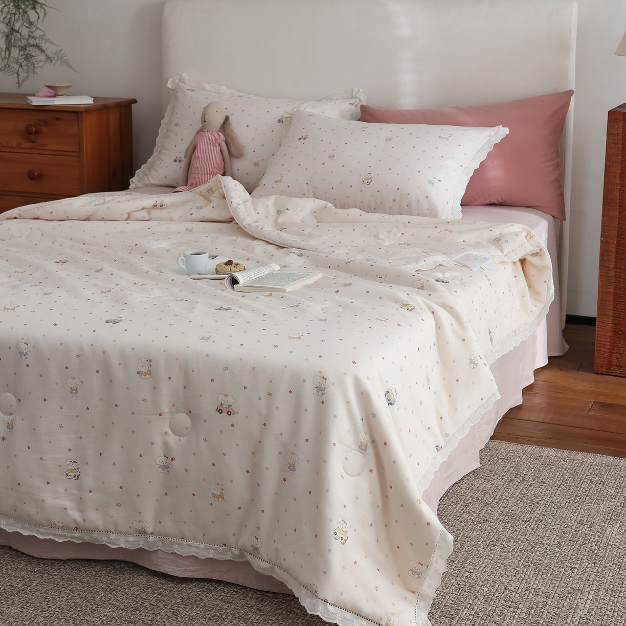 91家纺网 家纺一手货源 找家纺 万盛家纺 2026新款全棉双层纱花边印花夏被空调被夏凉被 俏皮小象