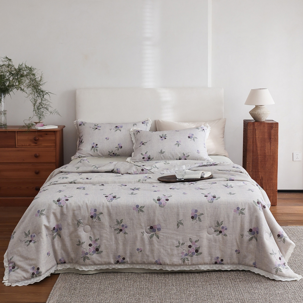 91家纺网 家纺一手货源 找家纺 万盛家纺 2026新款全棉双层纱花边印花夏被空调被夏凉被 铃兰