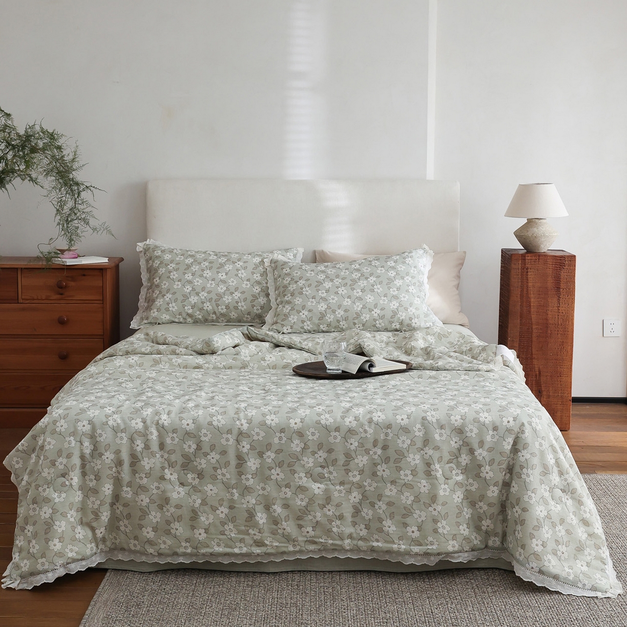 91家纺网 家纺一手货源 找家纺 万盛家纺 2026新款全棉双层纱花边印花夏被空调被夏凉被 曼叶