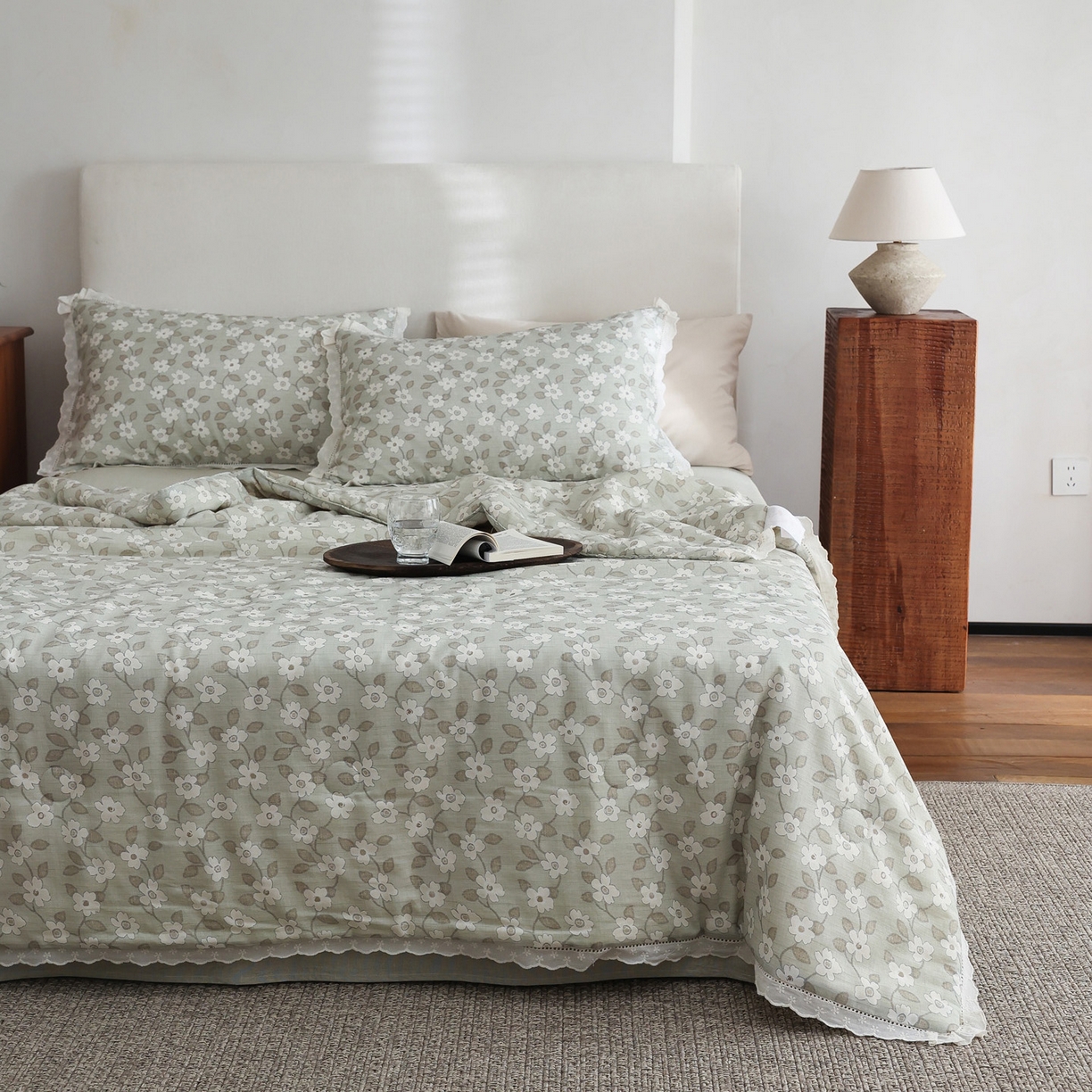 91家纺网 家纺一手货源 找家纺 万盛家纺 2026新款全棉双层纱花边印花夏被空调被夏凉被 曼叶