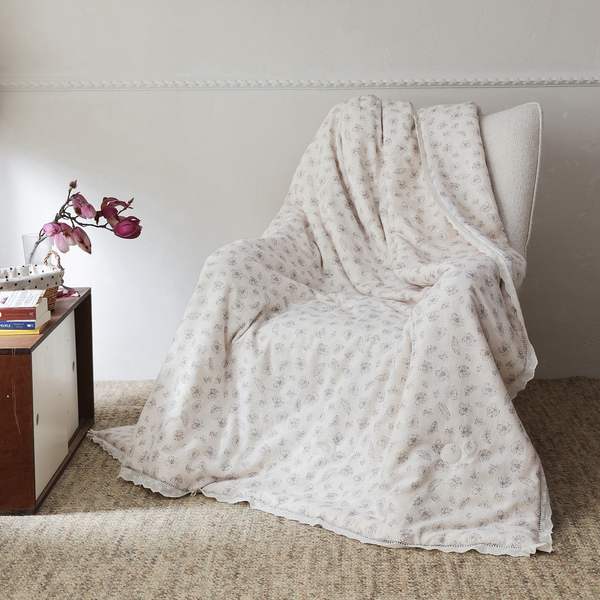 91家纺网 家纺一手货源 找家纺 万盛家纺 2026新款全棉双层纱花边印花夏被空调被夏凉被 素颜