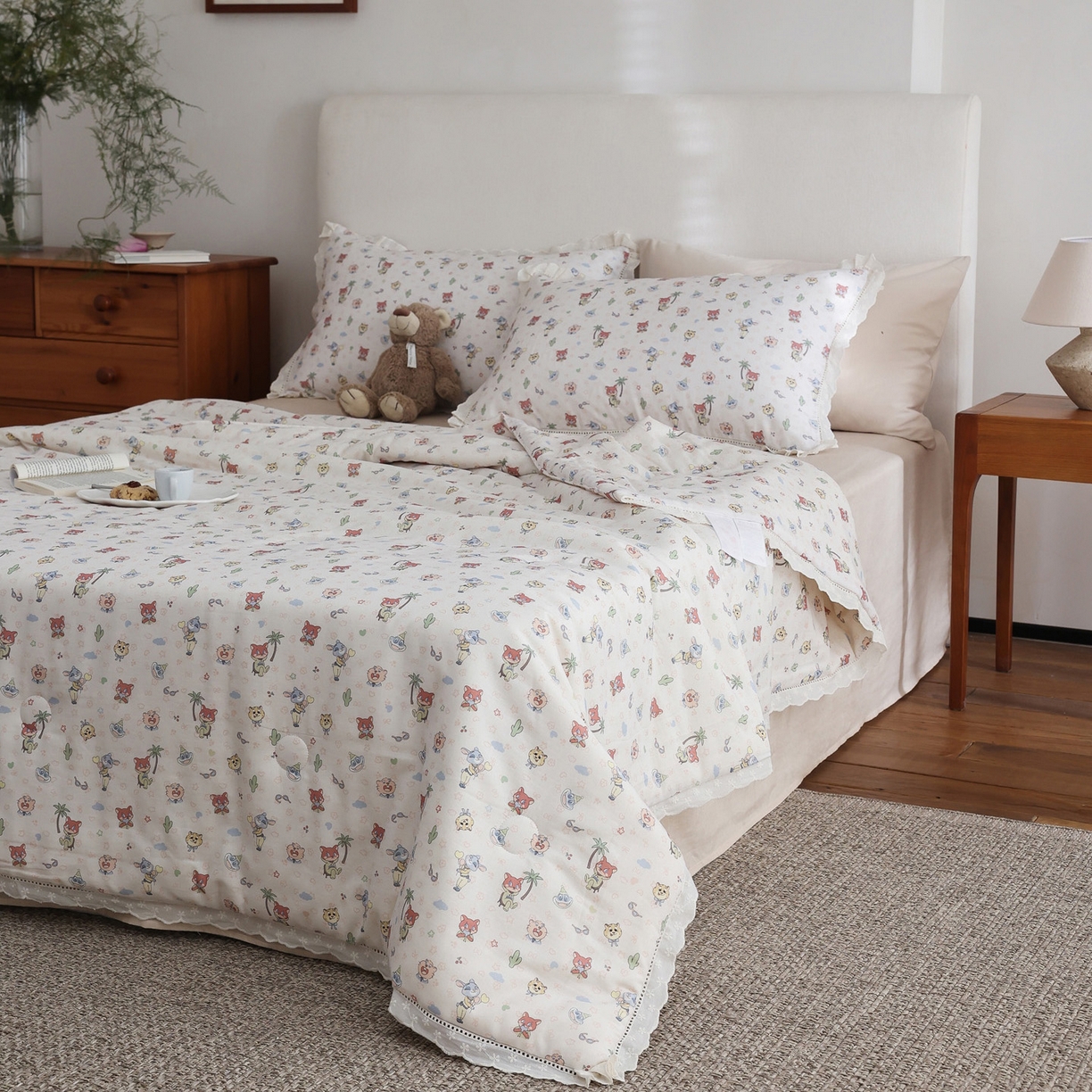 91家纺网 家纺一手货源 找家纺 万盛家纺 2026新款全棉双层纱花边印花夏被空调被夏凉被 动物城