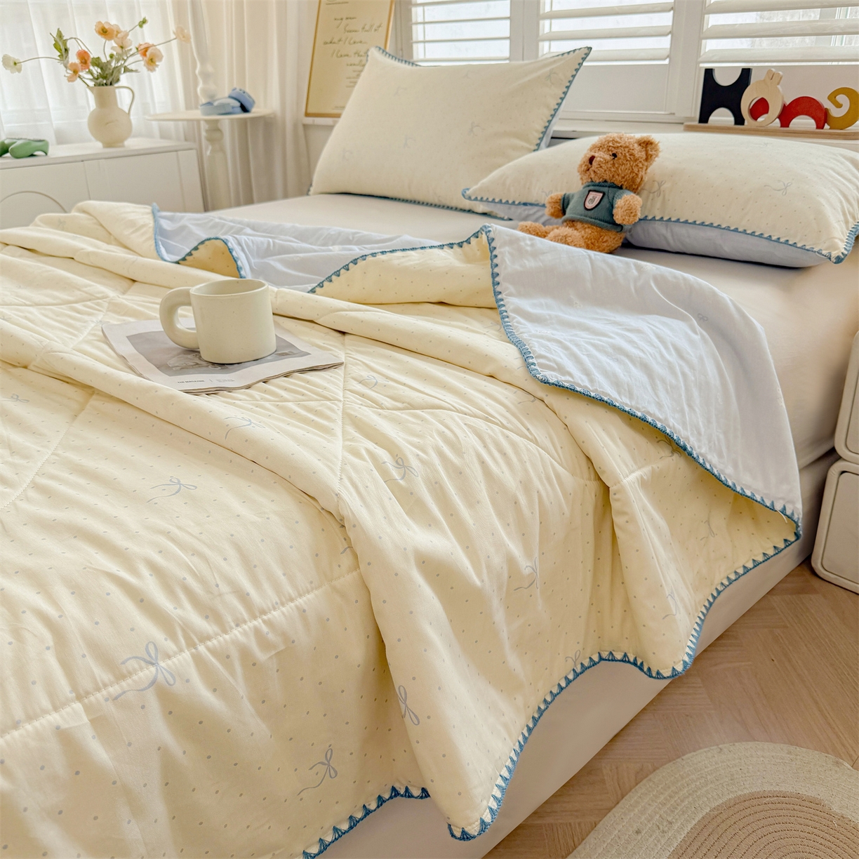 91家纺网 家纺一手货源 找家纺 犇牛仓储供应链 2026春夏新款全棉印花新疆棉花夏被夏凉被空调被 波点蝴蝶结