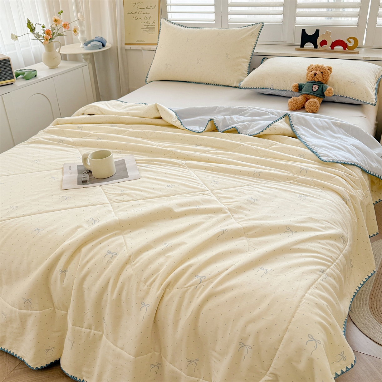 91家纺网 家纺一手货源 找家纺 犇牛仓储供应链 2026春夏新款全棉印花新疆棉花夏被夏凉被空调被 波点蝴蝶结