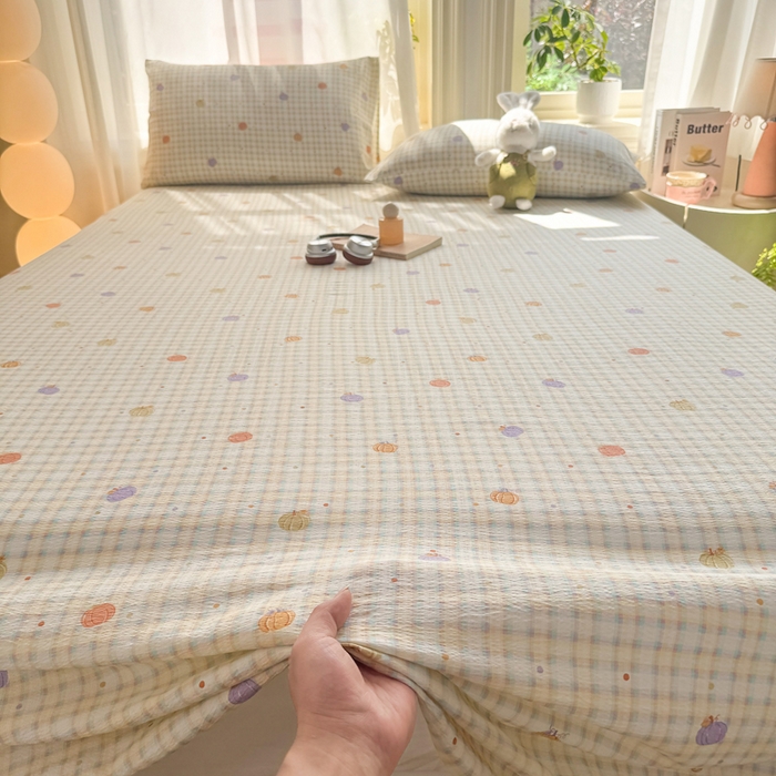 91家纺网 家纺一手货源 找家纺 丝芙妮家居 2026新款皱皱棉双层纱泡芙棉床单单床单 缤纷南瓜