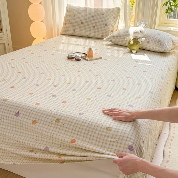 91家纺网 家纺一手货源 找家纺 丝芙妮家居 2026新款皱皱棉双层纱泡芙棉床单单床单 缤纷南瓜